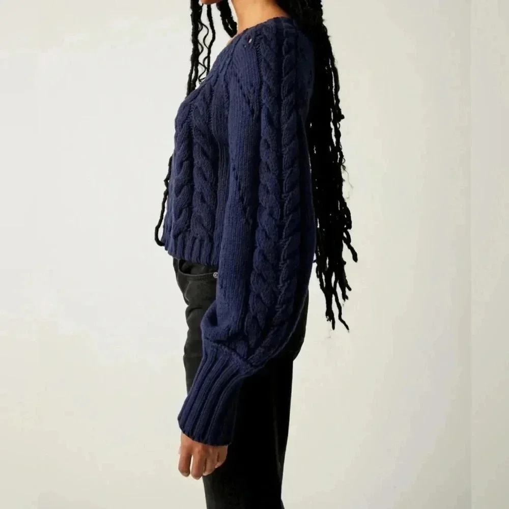 Free People Sandre Pullover Sweater in Navy Blue NWT - Picture 2 of 9
